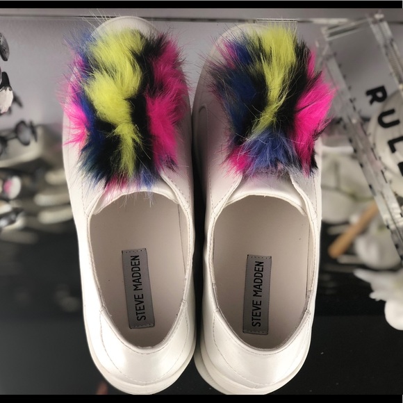 Steve Madden White Multicolor Fur Ball Sneakers - Picture 3 of 8